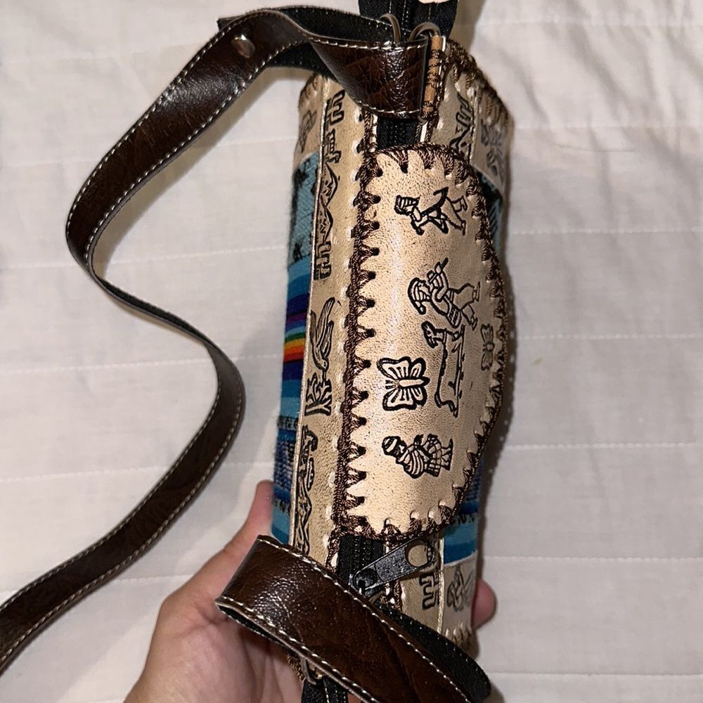 Peruvian Genuine Tooled Graphic Leather Stripe Mini Crossbody Bag - Picture 9 of 12